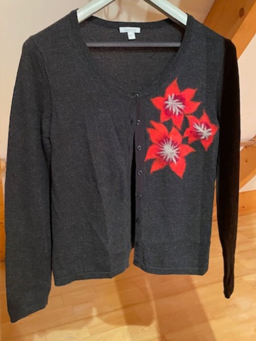 Garnet Hill Floral Button-Up Gray Merino Wool Cardigan Sweater Size L Womens